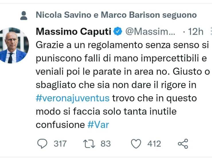 Il Tweet di Massimo Caputi [Credit_ Twitter] - Sportitalia.com