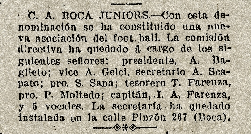 La nota stampa di fondazione del Boca