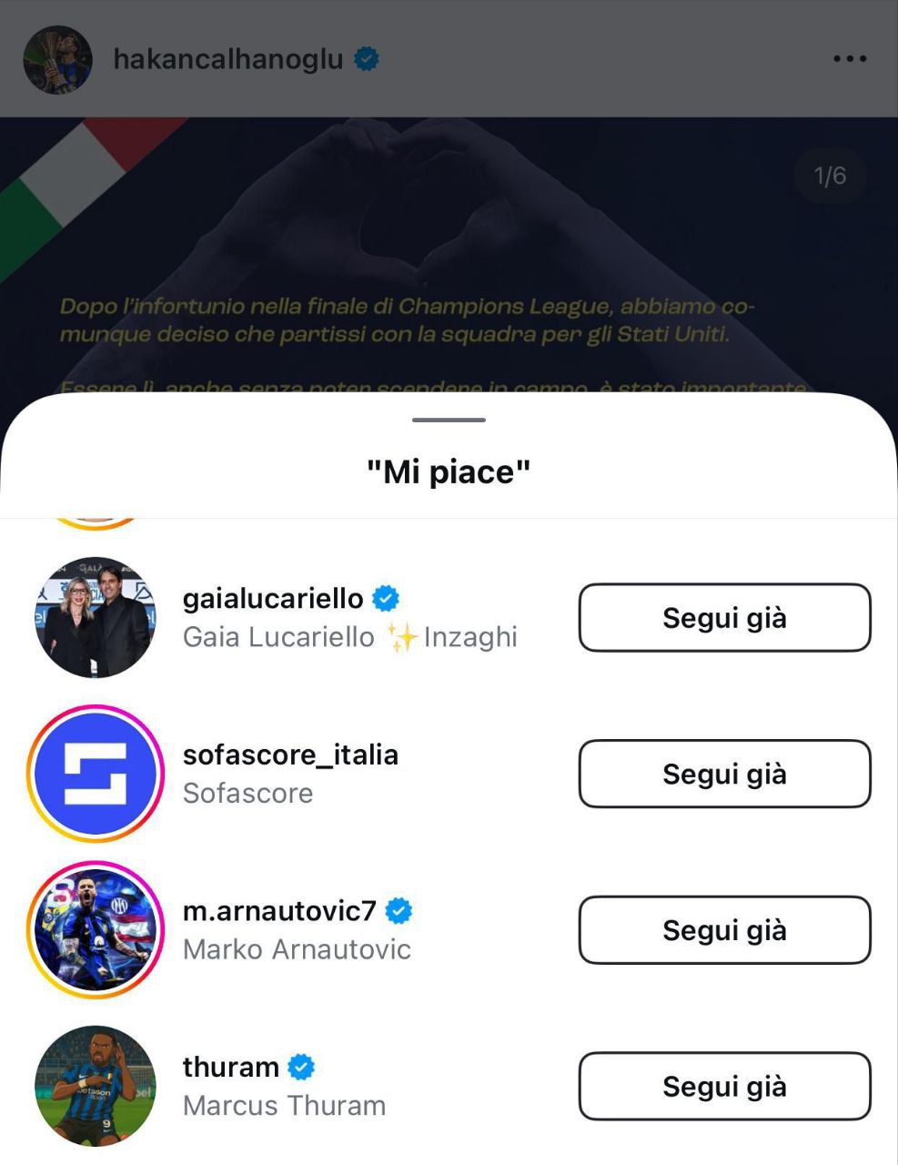 “Mi piace” post risposta Calhanoglu Lautaro Martinez