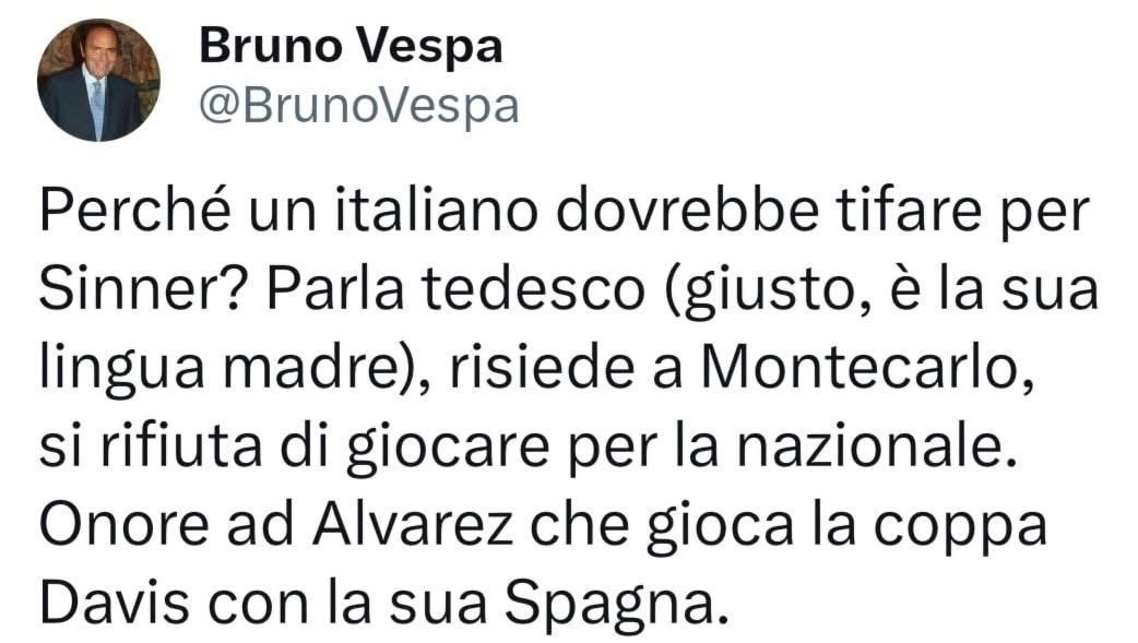 Il post di X di Bruno Vespa che attacca Sinner