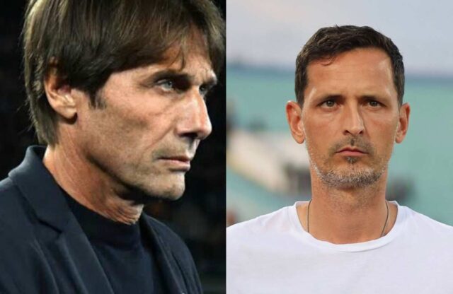 A sinistra Antonio Conte, l'allenatore del Napoli. A destra Dino Toppmoller, tecnico dell'Eintracht Francoforte