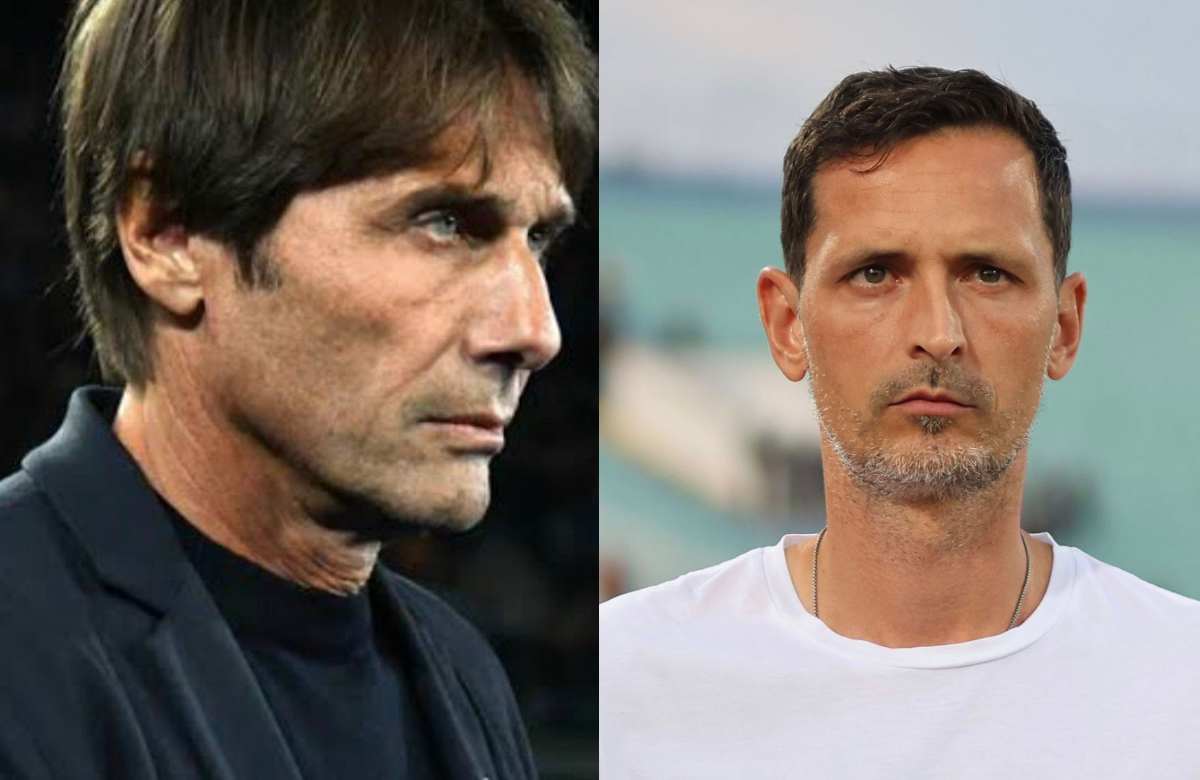 A sinistra Antonio Conte, l'allenatore del Napoli. A destra Dino Toppmoller, tecnico dell'Eintracht Francoforte