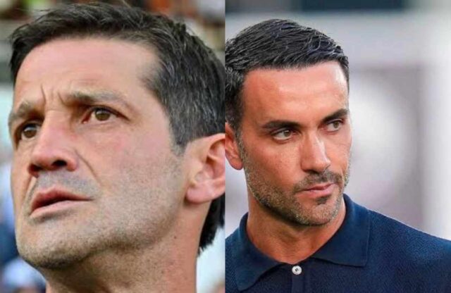 Champions League in serata. Christian Chivu (allenatore Inter) e Raffaele Palladino (allenatore Atalanta)