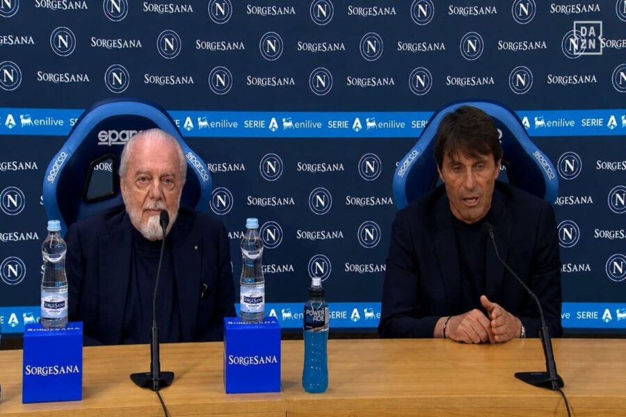 De Laurentiis e Conte in conferenza stampa assieme dopo Napoli-Udinese