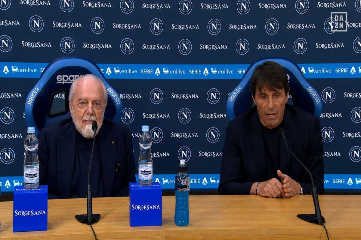 De Laurentiis e Conte in conferenza stampa assieme dopo Napoli-Udinese
